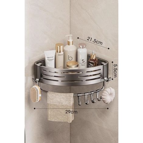(1 pièce grise avec tige - comme illustré) Étagère d'angle de salle de bain sans perçage, étagère de douche murale en aluminium avec crochets pour porte-serviettes (1/5)