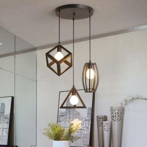 Stoex – Suspension industrielle rétro E27 noir – 3 formes : cube, triangle, tambour – Hauteur ajustable 100 cm – Pour restaurants et salons (1/4)