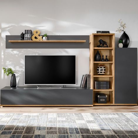 Ensemble Meuble TV Design "Skill" 240cm Anthracite & Naturel (1/4)