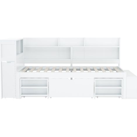 Cama infantil 90x200 cm blanca de contrachapado con cajones y librería MODENUIT (1/5)