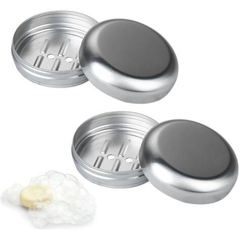 Lot de 2 porte-savon de voyage en aluminium de 100 ml avec couvercle en métal avec égouttement pour douche, voyage, randonnée, salle de bain, école, salle de sport (1/5)
