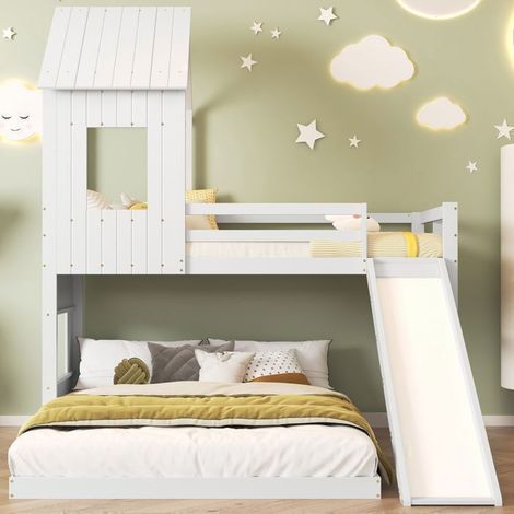 Lit Superposé Enfant - 90/140x200 cm - avec Toboggan et Échelle - lit Superposé - Bois de Pin - Avec rambarde sécurité - Blanc (1/5)