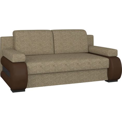 Canapé convertible 2 places tissu beige chiné et simili cuir marron Korina 202cm (1/5)