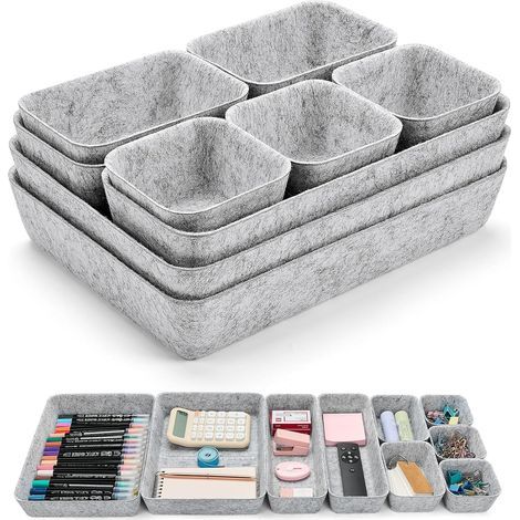 9-teiliger Filz-Schubladenorganizer – Stapelbare Aufbewahrungsboxen für Büro, Make-up, Schmuck, Schminktisch, Accessoires – Grauer Schubladeneinsatz, Büroaufbewahrungssystem, Organizer (1/5)