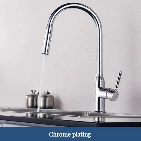 (Argent électroplaqué - Chine continentale) Robinet d'évier de cuisine amovible à ressort, mitigeur à bec extractible avec douchette extractible et jet d'eau chaude/froide. (1/5)