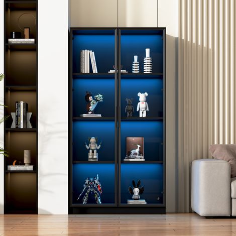 Vitrina 80x40x160 cm negra en aglomerado con puertas de cristal, estantes ajustables y LED por app (1/5)