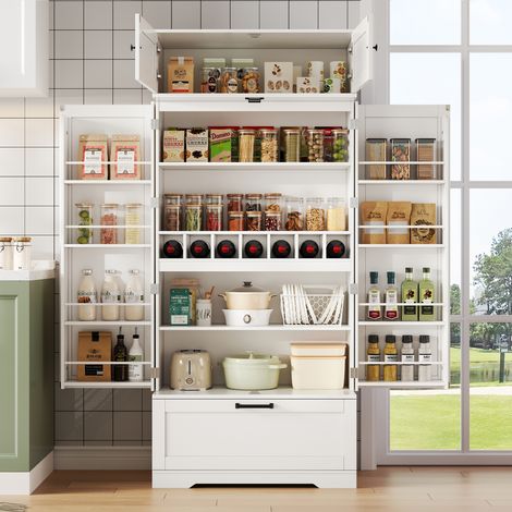 DESMIU Buffet de cuisine 1 tiroir 7 casiers à bouteilles 2 étagères réglables portes battantes pour cuisine MDF blanc 80 × 40 × 180 cm (1/5)