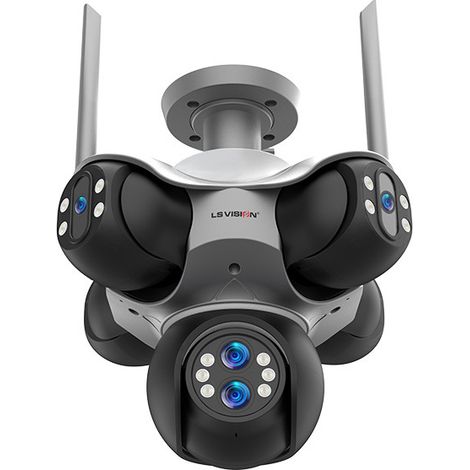 Caméra de surveillance WiFi extérieure 10 MP, 6 objectifs et 5 vues simultanées, 5 modules PTZ, zoom optique 10x, surveillance 360°,suivi automatique, audio bidirectionnel, IP66, carte TF jusqu’à 128 (1/5)
