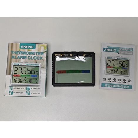 Thermomètre Hygromètre Multifonctionnel Rechargeable Température Humidité Fonction Réveil Calendrier Semaine Affichage Rappel de Confort, Snooze pendant 5 Minutes Thermohygromètre avec Rétroéclairage (1/5)