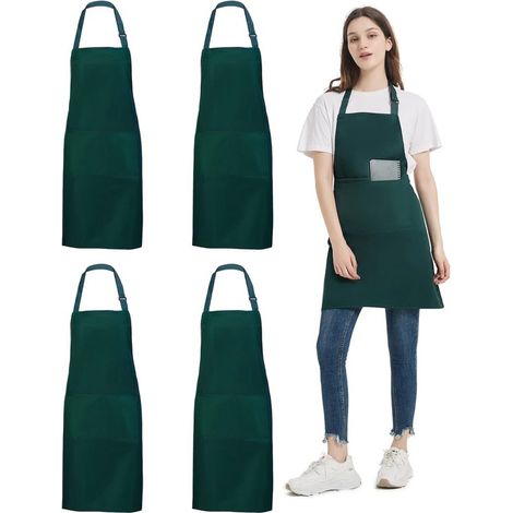 Set mit vier stilvollen Küchenschürzen Gastronomieschürzen Unisex olivgrüne Schürzen für Damen und Herren 2 Taschen leicht verstellbar 78 x 67 cm (1/5)