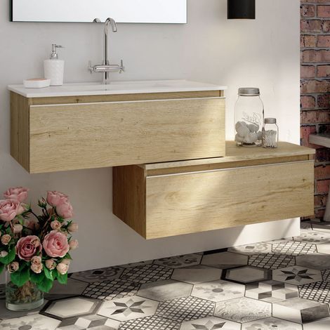 Meuble de salle de bain 120 cm simple vasque - 2 tiroirs - sans miroir - bambou (chêne clair) - PENA (1/5)
