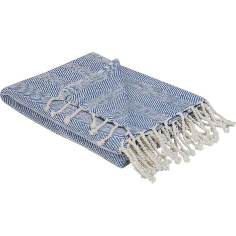 Morbida Coperta in Cotone Blu con Frange Tessuta a Mano 130 x 160 cm Tilmi
