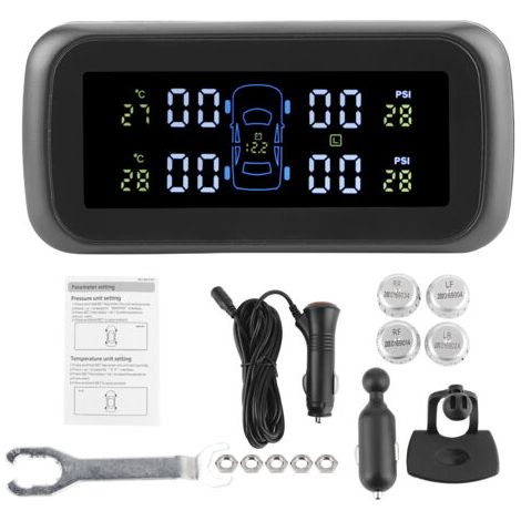 DEESSE SHOP-Système de surveillance la pression des pneus, jauge de pression des pneus numérique sans fil, affichage LCD, alarme fuite de pneus avec 4 capteurs, pour voitures, camping-cars et camions (1/5)