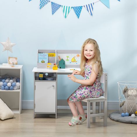 Bureau Enfants Chaise Table Organisateur Tableau Article Enfant +5 ans Bois Blanc Gris 90x45x85cm