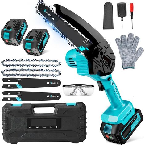 Akku-Mini-Kettensäge (6 Zoll) mit zwei 2000-mAh-Akkus und automatischer Kettenschmierung – kompakte Handkettensäge für Holzschnitt und Baumschnitt (1/5)