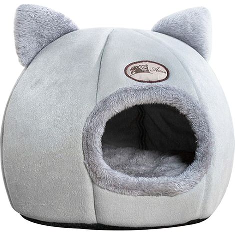 Lit de chat tête de chat lit de chien chaud semi-fermé lit de chaton,Gris, M
