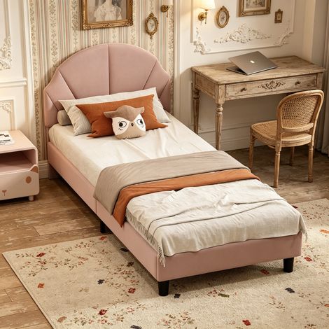 Lit enfant 90x190 cm en velours rose – Tête de lit réglable en hauteur – Lit rembourré – Sans matelas