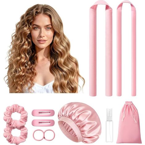 Heatless Curls - Heatless Curlers - Curls Overnight - 2 Sizes - Women's - With Sleep Cap - With Clips - Pink