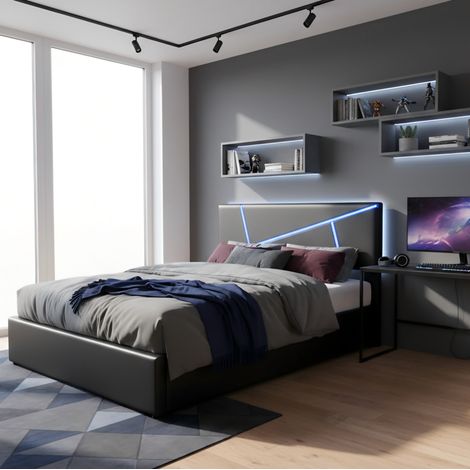 Cama con almacenamiento tapizada en PU negro 90x200 cm, con LED en cabecero, somier de láminas y apertura hidráulica (1/5)