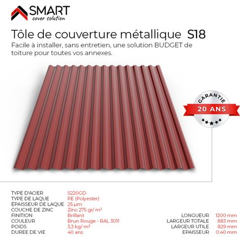 Bravo The Smart Solution – Tôle bac acier S18 – Couverture toiture coloris brun rouge RAL 3011 – Dimensions 1200x883x0.40mm – Solution économique et durable (1/5)