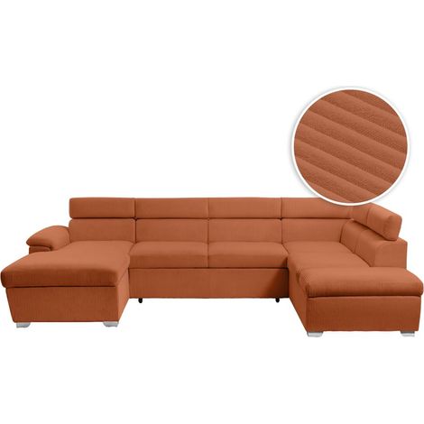 Canapé panoramique PAOLA 6 places convertible avec 2 coffres en velours côtelé terracotta
