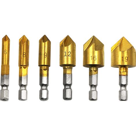 Ensemble de 6 outils de chanfreinage en acier rapide, foret à fraiser à 5 cannelures à 90 degrés, foret à fraiser revêtu de titane, forets à bois de 1/4 de pouce, queue hexagonale, 6 mm, 8 mm, 9 mm,