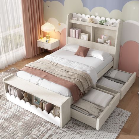 Letto singolo in legno massello e MDF bianco e rovere chiaro 90x190 cm con cassetti, scaffali e rete inclusa (1/4)