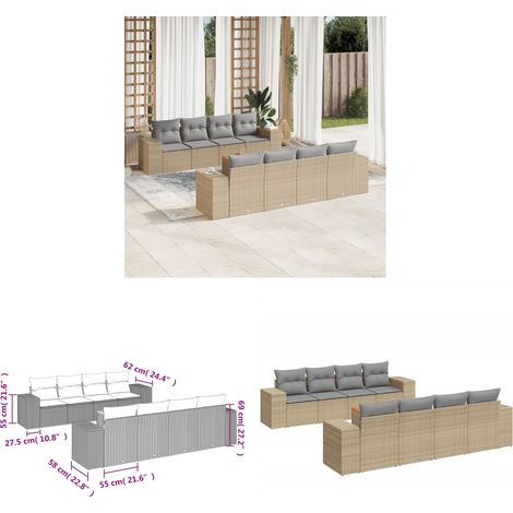 Salon de jardin avec coussins 9 pcs beige résine tressée - Salon De Jardin - Meuble Extérieur - Set Salon - Résine Tressée - Polyrotan - Home & Living (1/3)