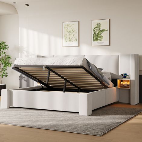 Lit 180x200cm en lin avec éclairage LED, compartiments de rangement et fonction de rangement hydraulique, beige (1/5)