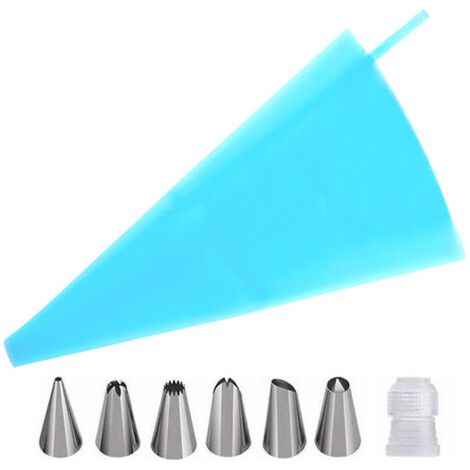 Questo set professionale riutilizzabile per sac à poche include 6 bocchette per pasticceria e 1 sac à poche in silicone blu per decorare cupcake e muffin. (1/5)