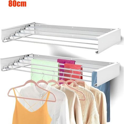 80cm Etendoir à Linge - Fixation Murale - Rétractable - Étendoir à Linge Pliable pour l'intérieur ou l'extérieur - Économie d'espace (1/4)