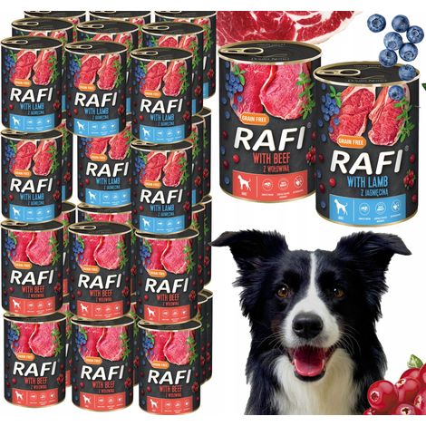 Lot de 48 sachets de 400 g de nourriture humide pour chiens RAFI MIX, saveurs (agneau, bœuf) (1/5)