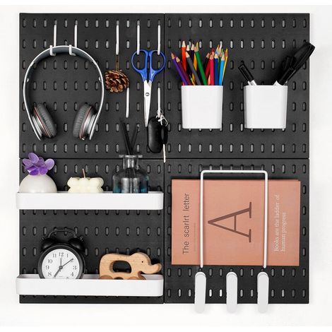 Panneau Perforé Mural 280x280 mm Organiseur Garage en Plastique avec 4 Panneaux Perforés, Accessoires, Kit Rangement d'Outils pour Bureau, Salle d'Artisanat, Maison, Entrepôt, Magasin, Noir (1/4)