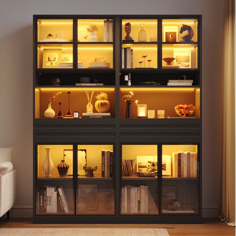 Vitrina expositora alta 160 x 35 x 200 cm MDF negra con LED y puertas de vidrio (1/5)
