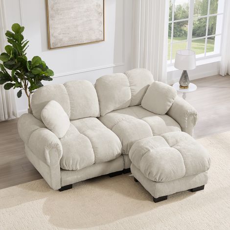 Canapé d’angle modulable 2 places avec méridienne coffre de rangement et coussins en chenille kaki clair (1/5)