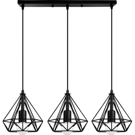 – Lustre suspension cage diamant noir – Abat-jour 20x20cm – Longueur de barre 50cm – Douille E27 pour ampoules LED – Tension AC110-240V (1/4)