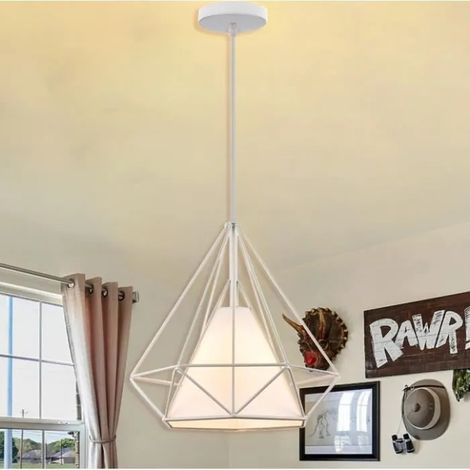 U-Do Lustre en Métal Blanc,25cm Suspension Luminaire Ajustable Vintage Lampe forme Diamant Lustre Intérieur Industriel (1/4)