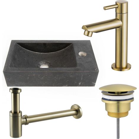 Saniclass Fuente ensemble fontaine - 40x22 - 1 trou de robinet - droite - pierre naturelle - robinet fontaine Laiton brossé PVD (Or) - foncé