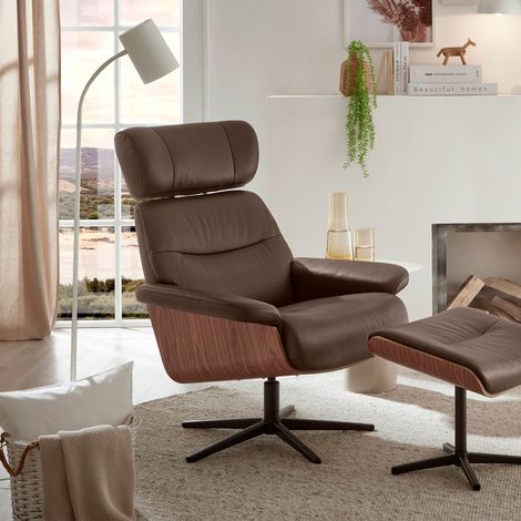 Fauteuil pivotant 83x86x102cm en cuir marron et décor chêne brun (1/5)