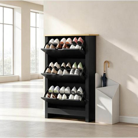 Schuhschrank mit 3 Klapptüren aus E1-Spanplatte Schwarz Holzoptik (1/4)