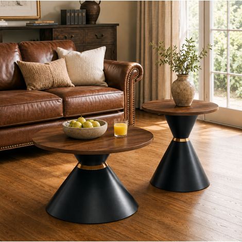 2er-Set runde Couchtische, Nussbaumdekor und schwarzes Metall, Ø70/50 cm HAVRYA (1/5)