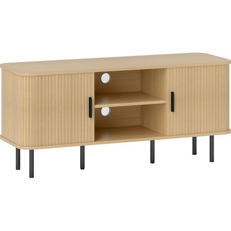 Meuble TV design scandinave, 2 portes tambour à lamelles, chêne, 120 cm, pour téléviseur jusqu'à 55 pouces (1/5)