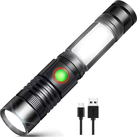 Lampe torche LED rechargeable USB puissante, lampe torche COB portable et zoomable de style militaire pour les ateliers de réparation automobile, le camping et les projets de bricolage (batterie recha (1/4)