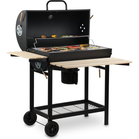 Carrello barbecue a carbonella BBQ-Toro  Affumicatore mobile premium, griglia per barbecue con coperchio, scaldavivande, ripiani in legno (1/5)