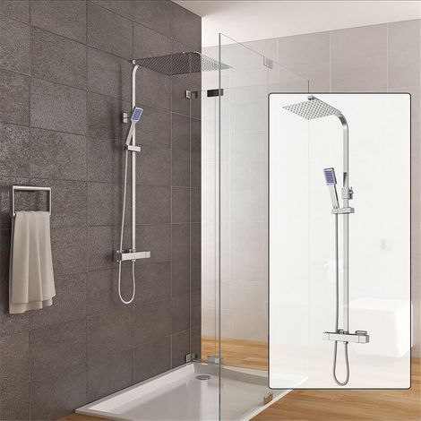Gojoy – Colonne de douche thermostatique 30 x 30 cm – Acier inoxydable – Pommeau carré – Douchette à main – Douche de pluie – Hauteur réglable 82-110 cm