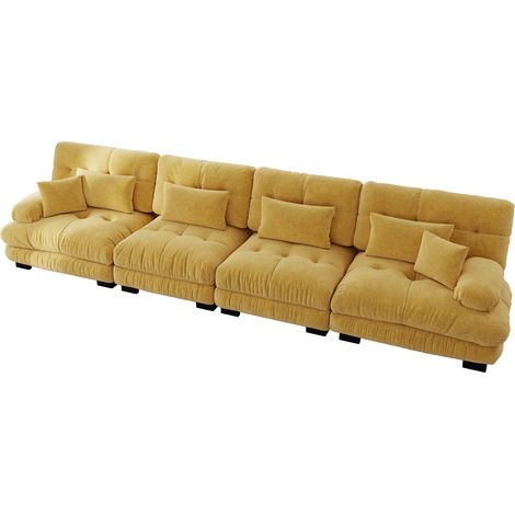 Canapé d'angle modulable 4 places en chenille vintage jaune, confortable et rembourré (1/5)