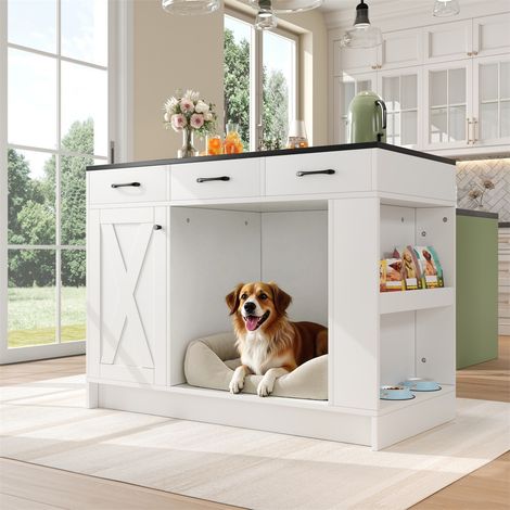 Îlot de Cuisine - 120x60x90cm - 3 Tiroirs Étagère à Épices Tablette Réglable et Espace pour Animaux Domestiques - Blanc (1/5)