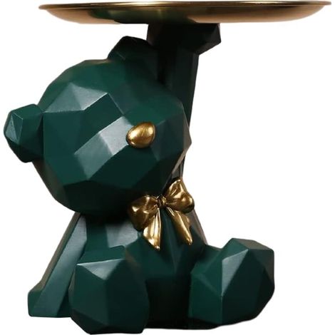 Bol Clé Entrée Ours en Résine, Rangement Bijoux et Accessoires, Statue avec Plateau Vert Foncé (1/5)