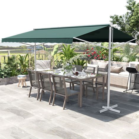 Outsunny Store Banne Double Pente 4x3m - Rétractable Manuel, Inclinaison Réglable, Imperméable, Vert Foncé