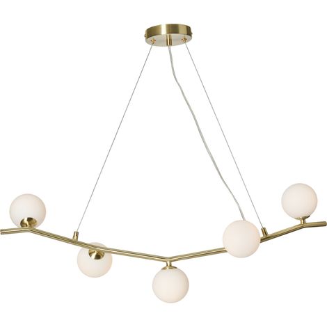 Litecraft Ceiling Pendant Bar 5 Light With Opal Glass Ball Shades - Brass (1/5)